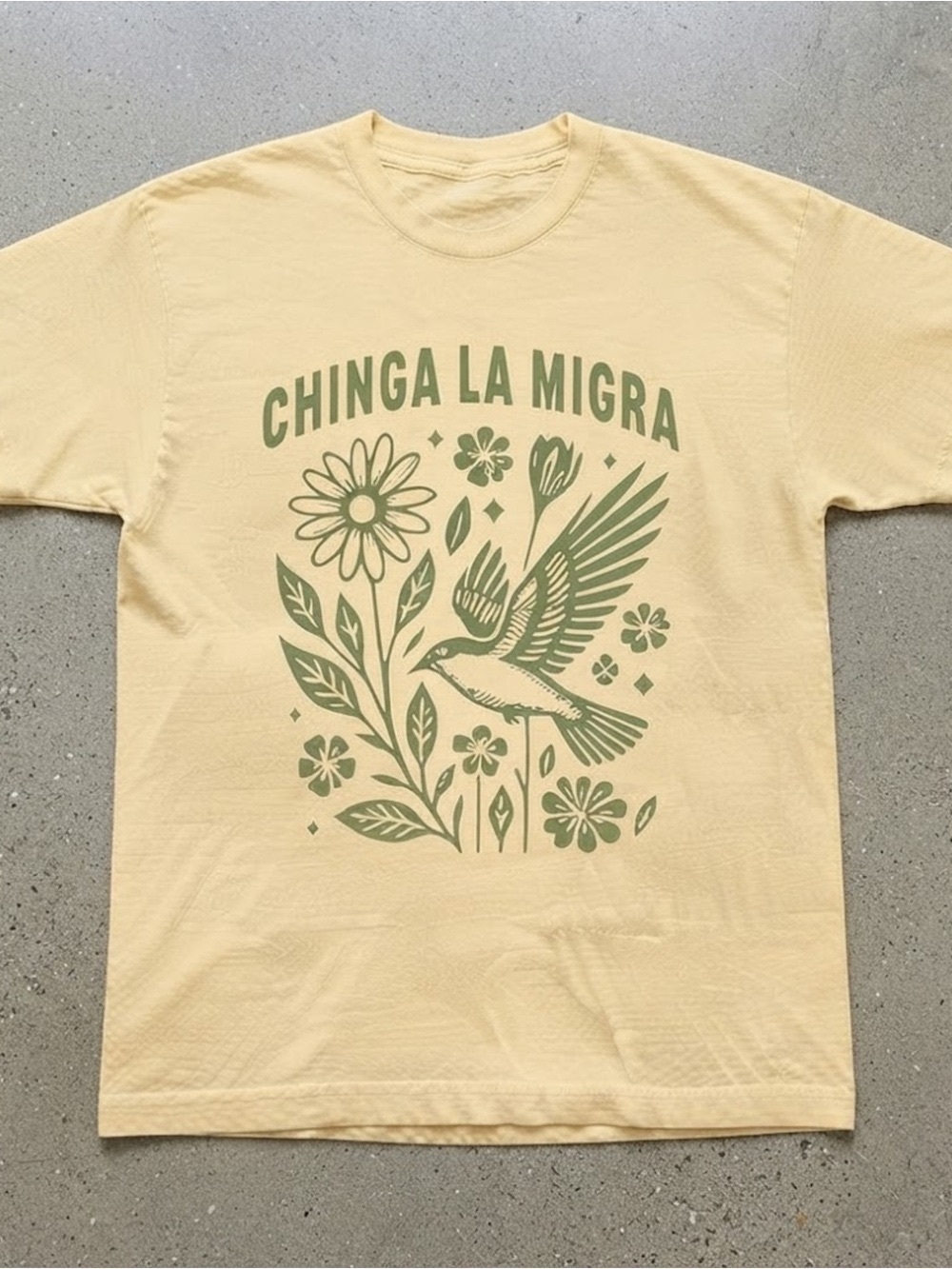 Yellow Graphic Crew Neck Tee with Green Floral Bird Print